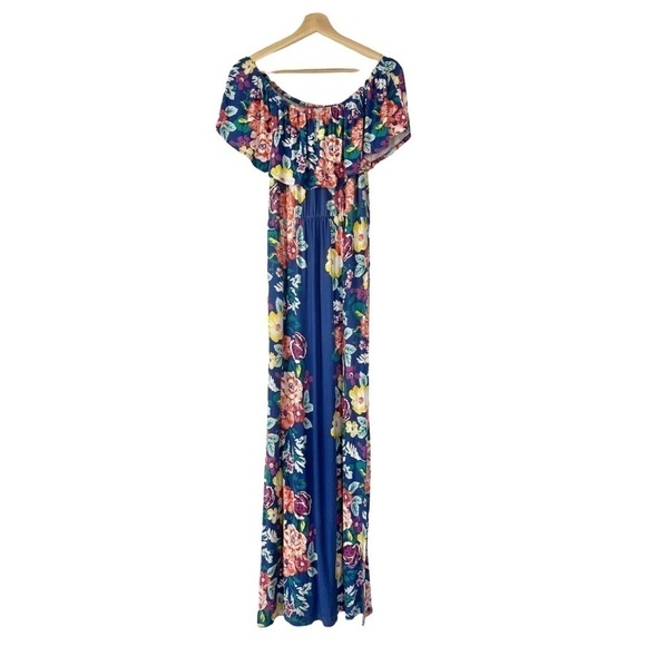 Soma Blue Layered Floral Flounce Off Shoulder Maxi Dress M - Picture 3 of 7